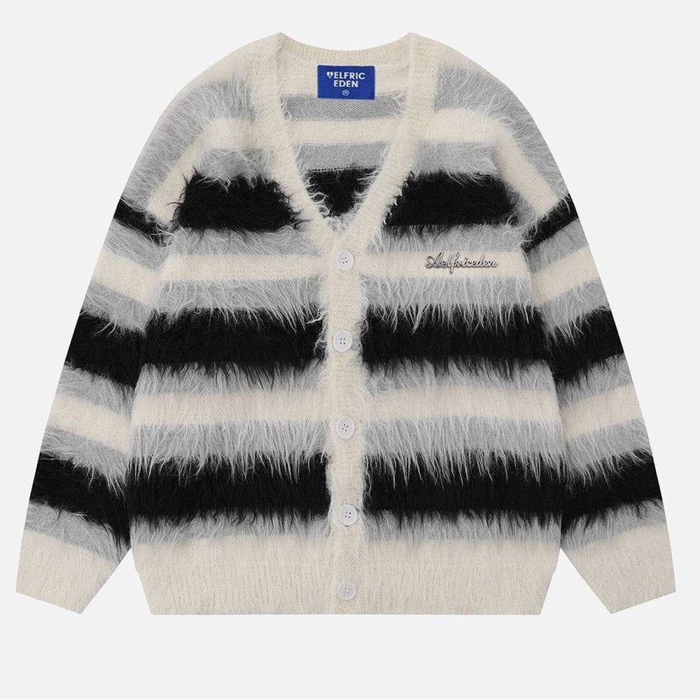 BNWT AELFRIC EDEN COLOR BLOCKING STRIPED FUZZY CARDIGAN Black